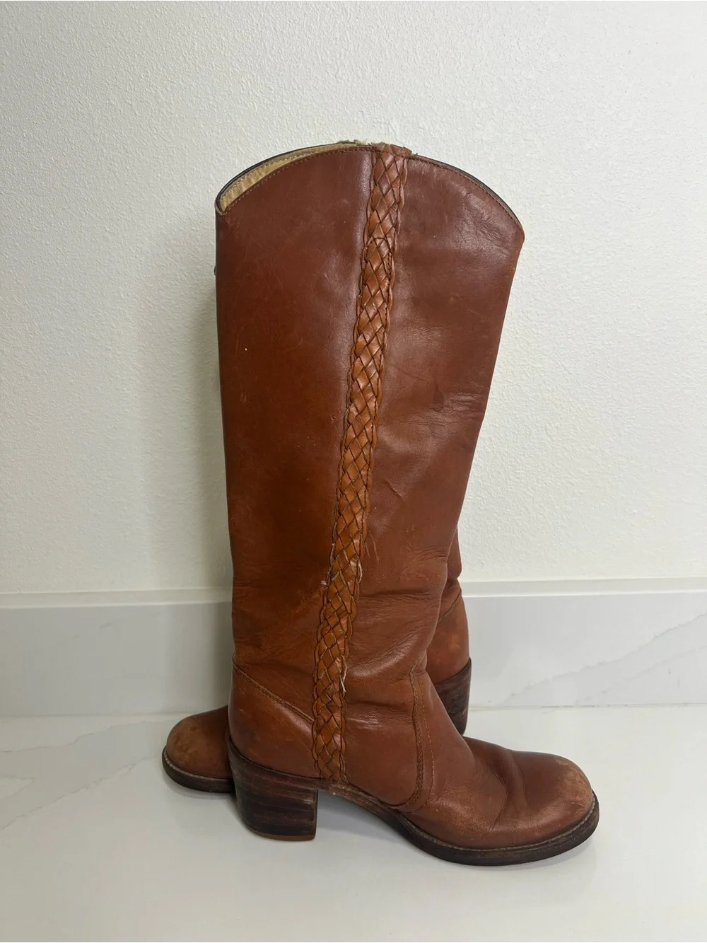Vintage Frye Brown Leather Braided Tall Boots size 7.5